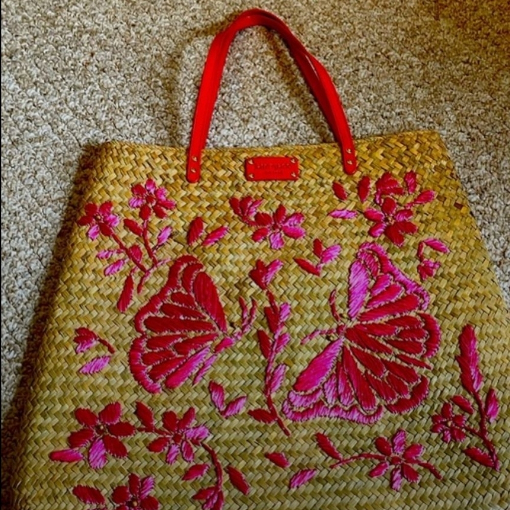 KATE SPADE STRAW Tote With Red and Pink Embroidery
